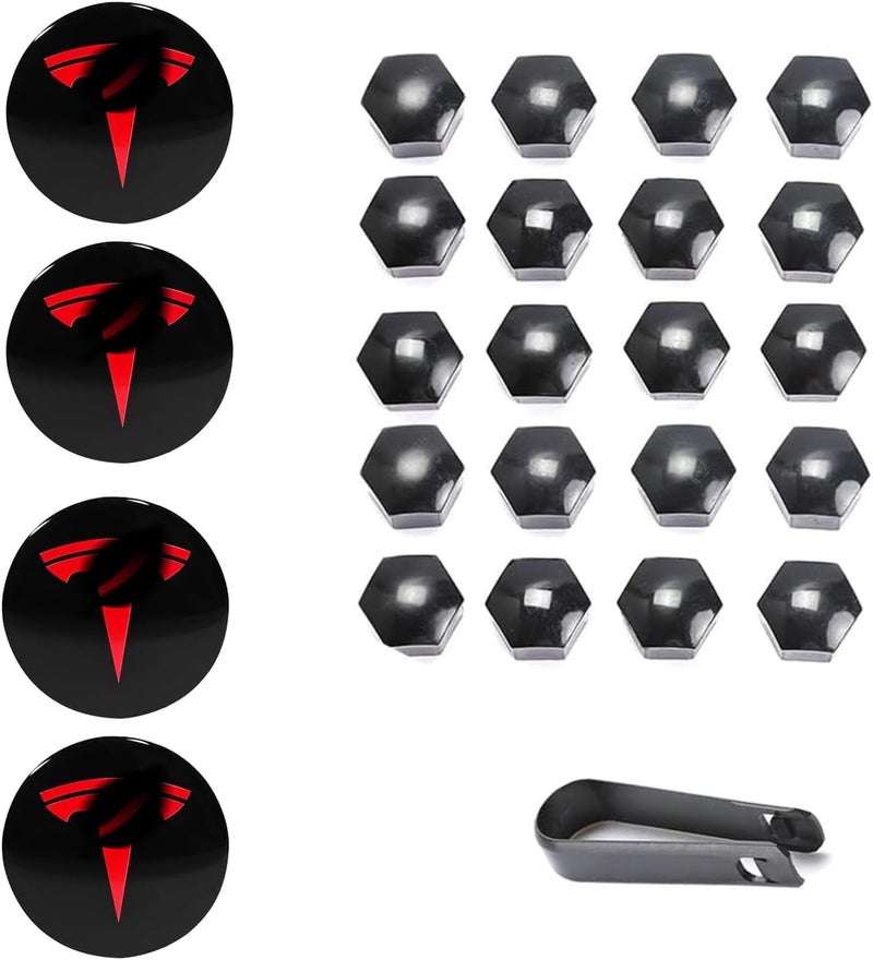 Tesheer Wheel Center Hub Cap Kit with Tesla Emble Brand Center Caps for Model 3 Model Y with 20 Lug Nut Covers (4PCS) (Red) - Image 2